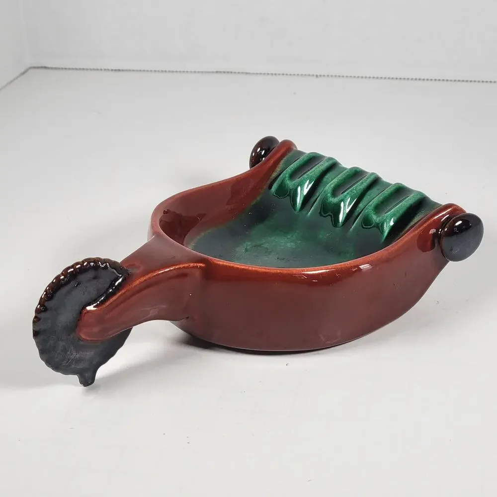 Vintage Green and Brown Spur Ashtray with Handle, Mid-Century Modern Farmhouse
